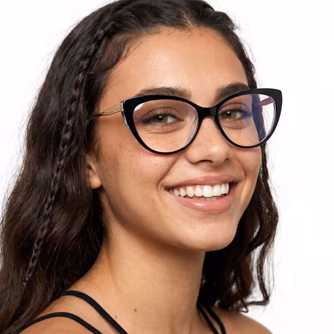Female wearing black cat eye tr90 eyeglasses, smiling. SPU: CR0142605