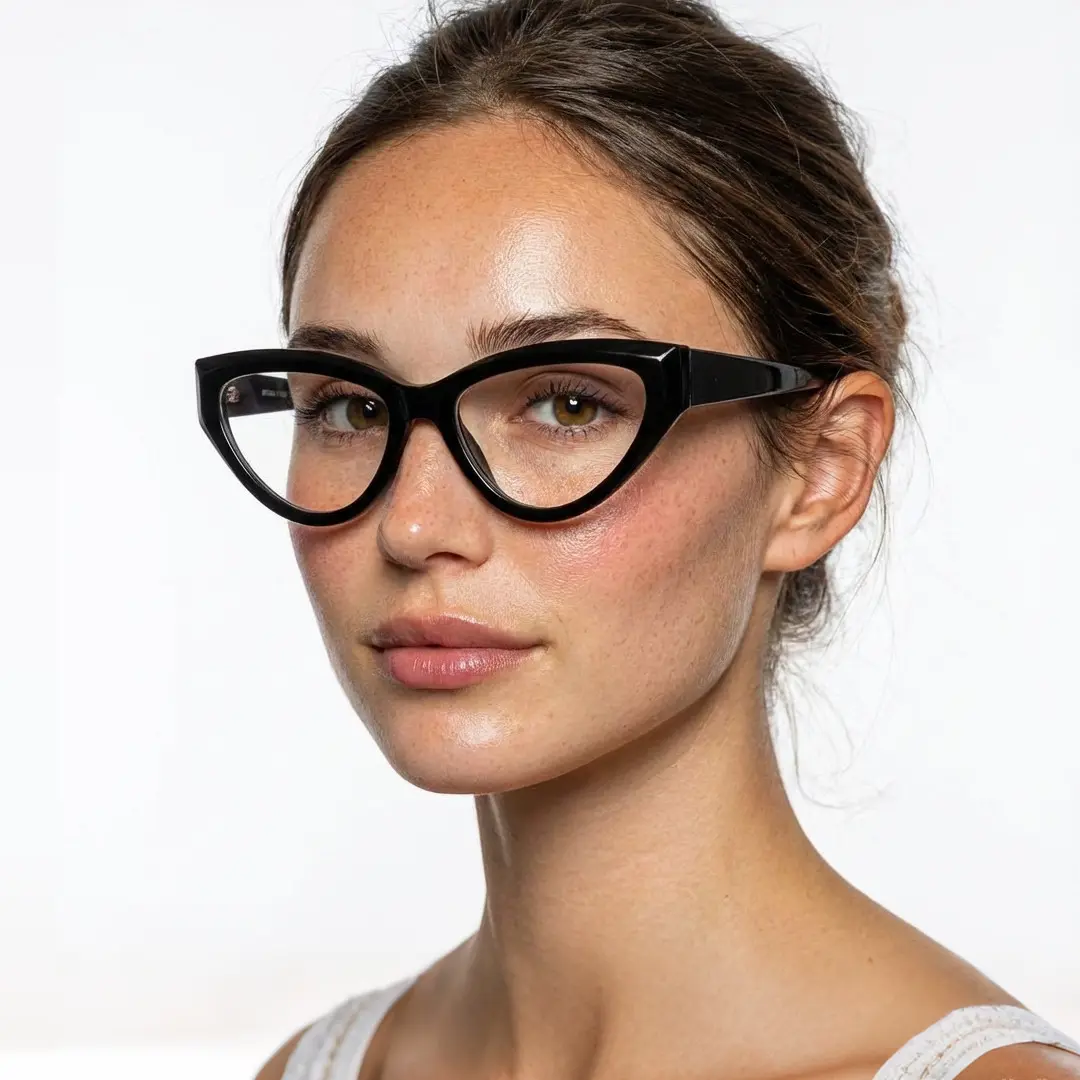 Face close-up view of female wearing black cat eye eyeglasses, neutral expression, CR0152412