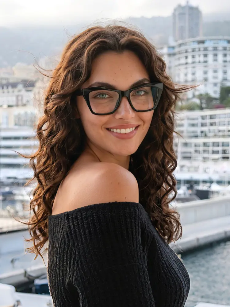 Female model wearing everyday black cat eye tr90 eyeglasses at a sunny harbor with city views. SPU: CR0152603