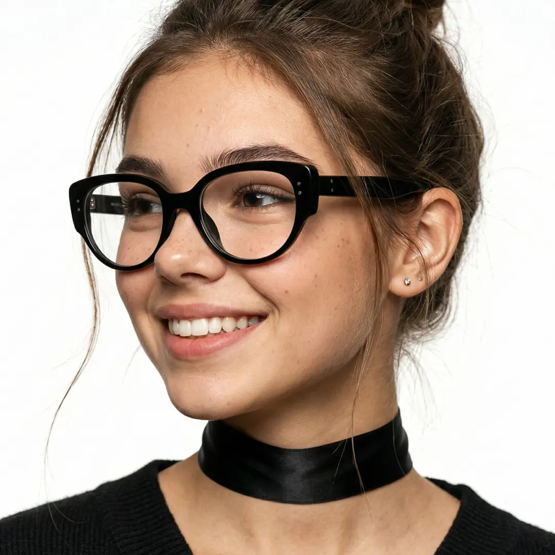 Three-quarter view of female wearing black cat eye eyeglasses, smiling, CR0172302