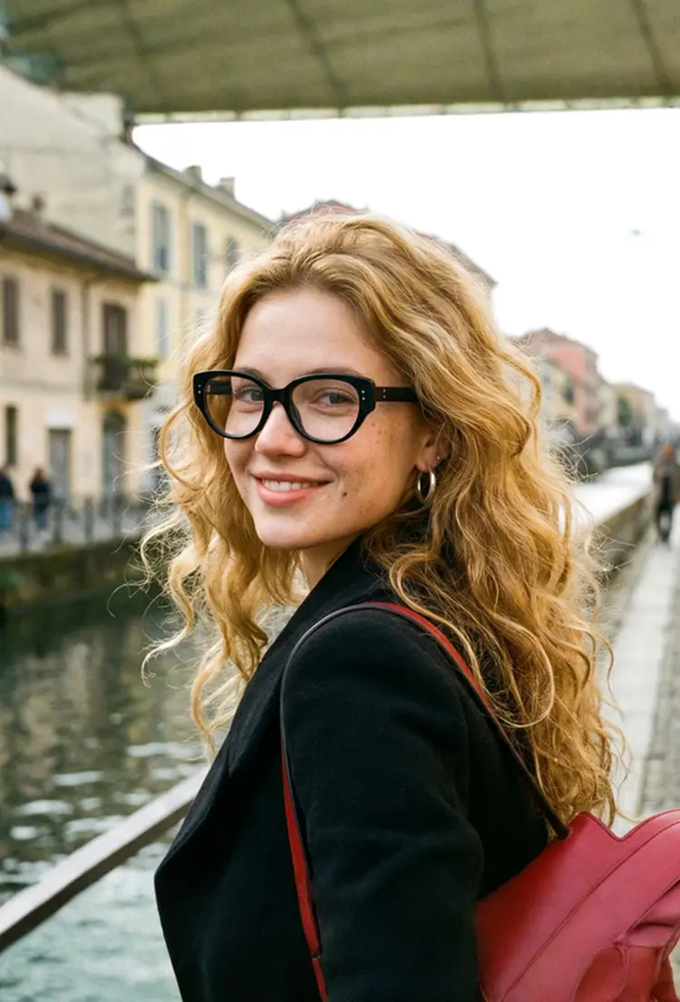 Female model wearing vintage grey cat eye tr90 eyeglasses on a european style street. SPU: CR0172302