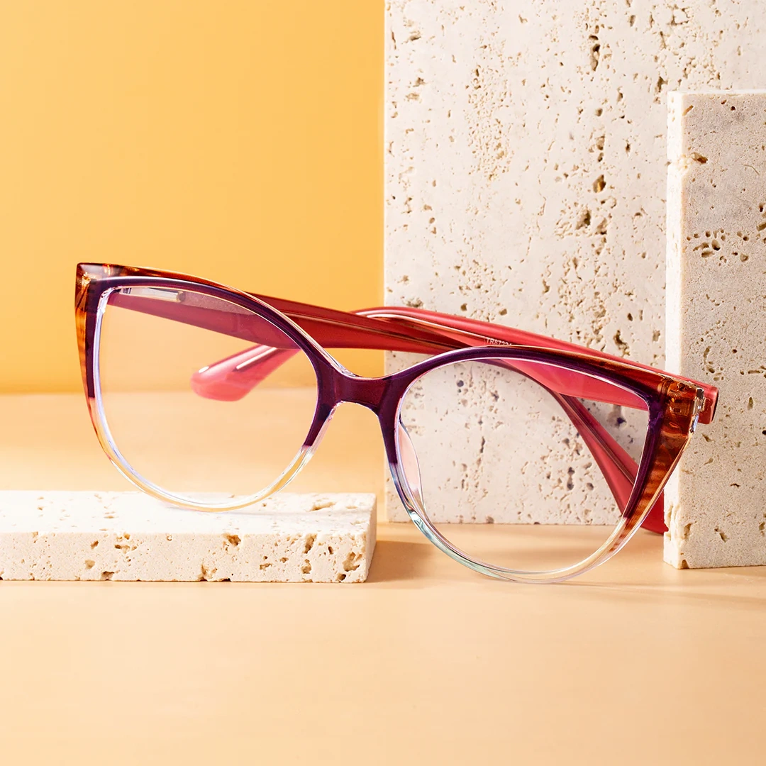 Scene close-up view of Run colorful cat eye tr90 eyeglasses in two-tone(purple and cear). SPU: CR0172307