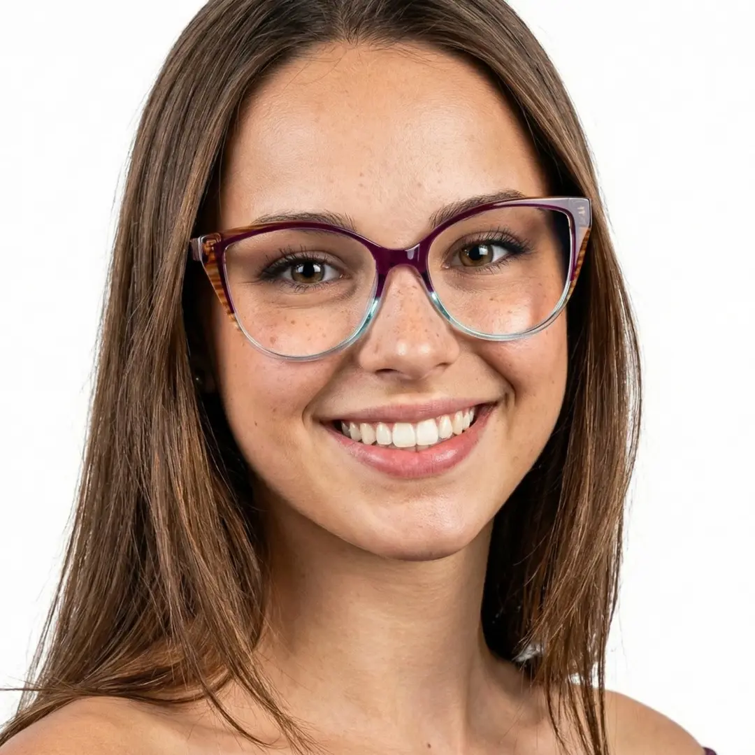 Profile view of female wearing two-tone(purple and cear) cat eye eyeglasses, smiling, CR0172307