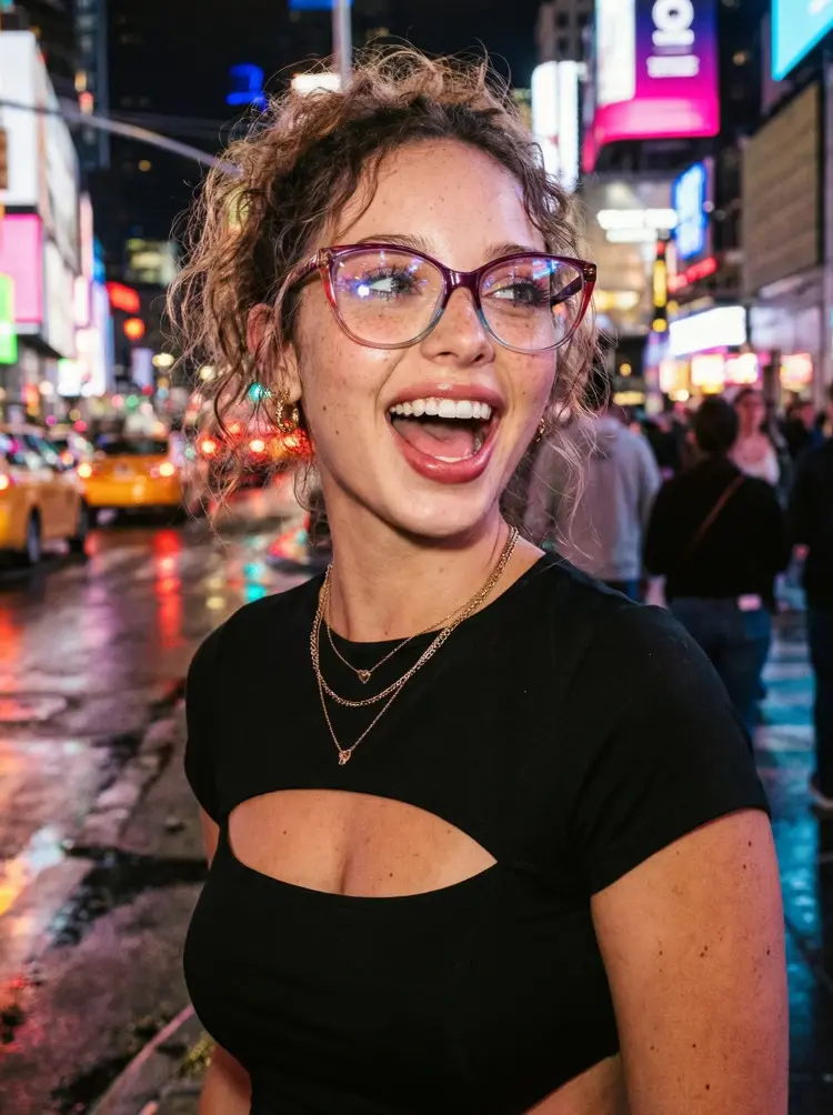 Female model wearing colorful purple cat eye tr90 eyeglasses on a bustling nighttime downtown city street. SPU: CR0172307