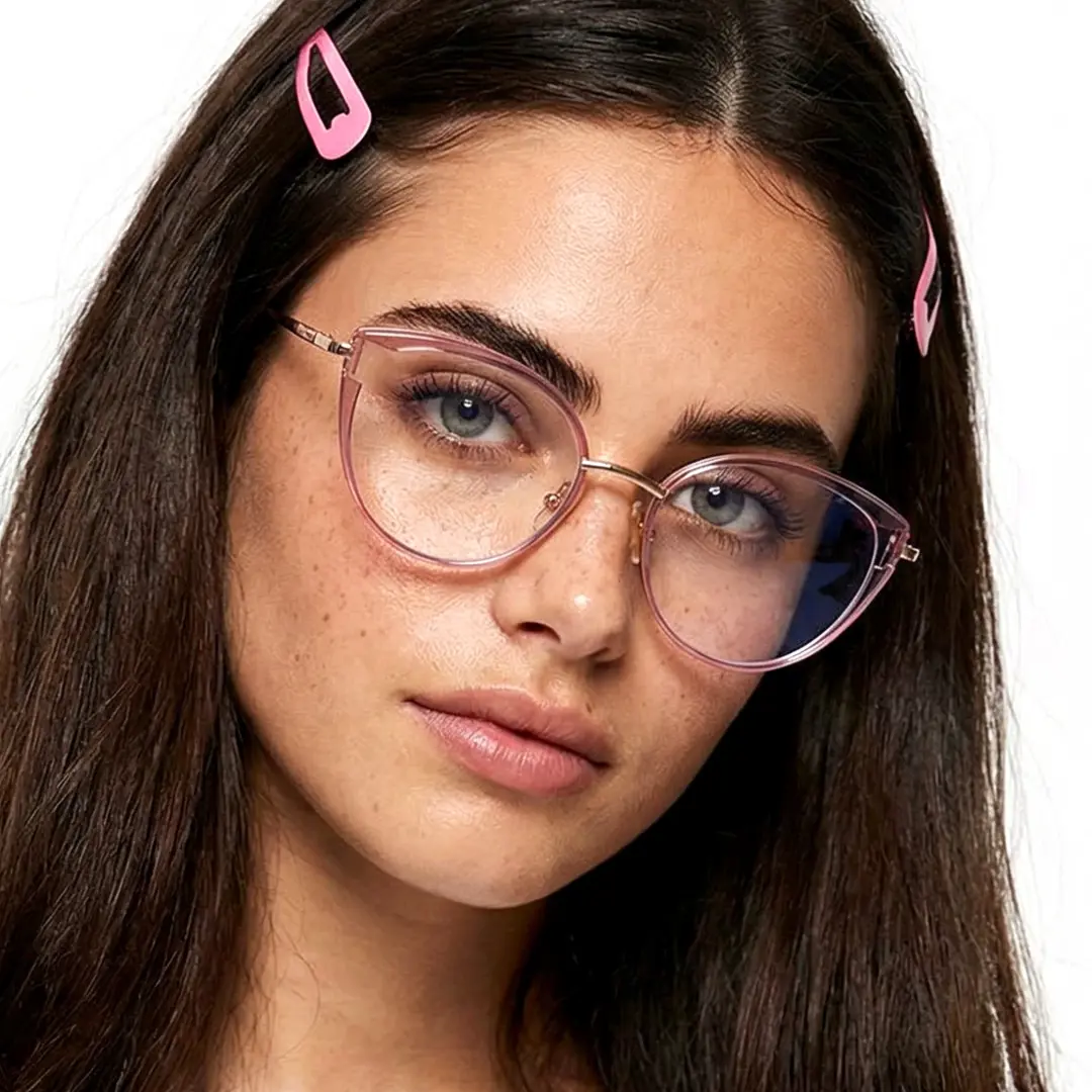 Front view of female wearing pink cat eye eyeglasses, calm expression, CR0182411