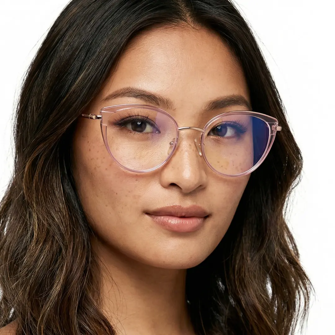 Front view of female wearing pink cat eye eyeglasses, relaxed expression, CR0182411