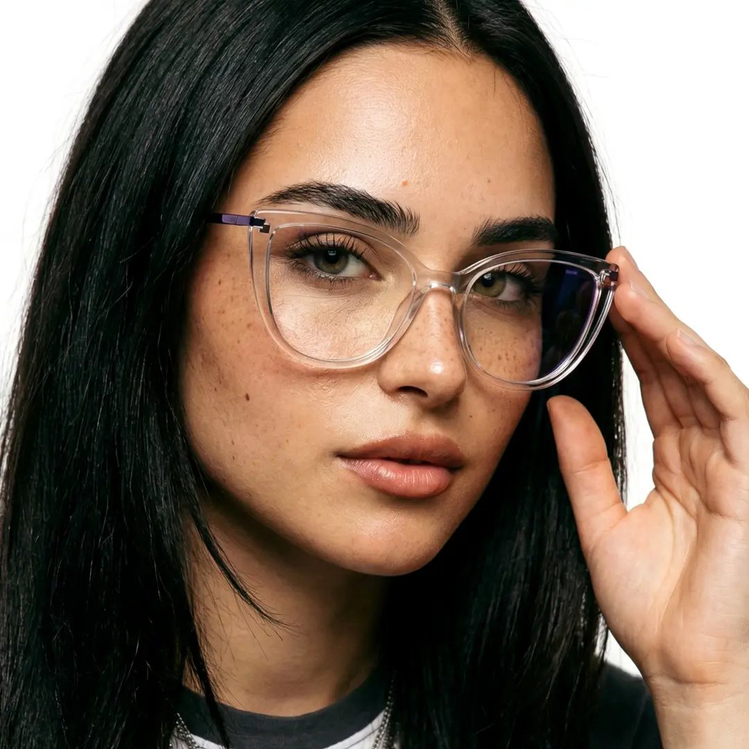 Front view of female wearing clear cat eye eyeglasses, neutral expression, CR0182502