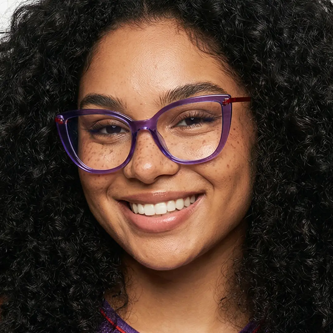 Front view of female wearing purple cat eye eyeglasses, natural smile, CR0182502
