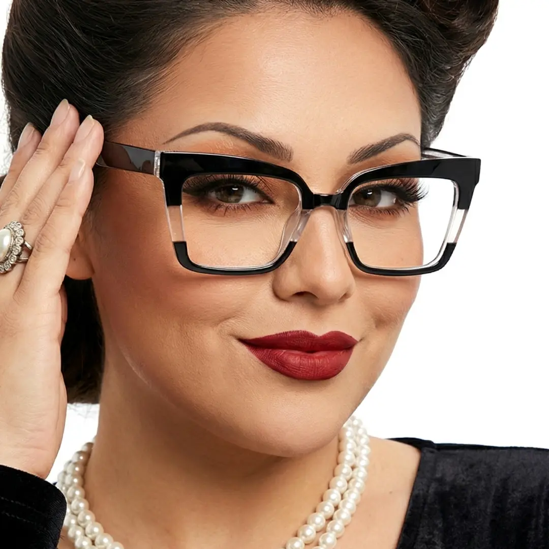 Front view of female wearing black cat eye eyeglasses, touching frame, friendly smile, CR0202404