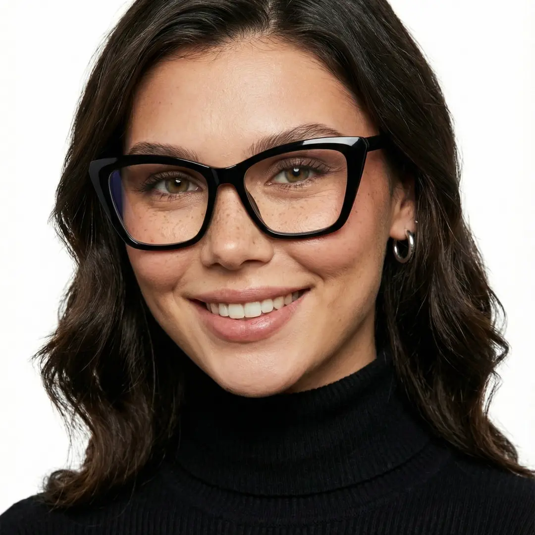 Front view of female wearing black cat eye eyeglasses, natural smile, CR0212502