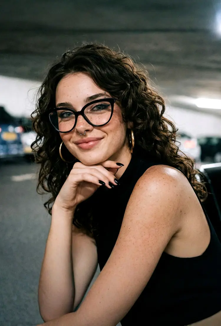 Female model wearing everyday black cat eye tr90 eyeglasses in a parking garage. SPU: CR0222411