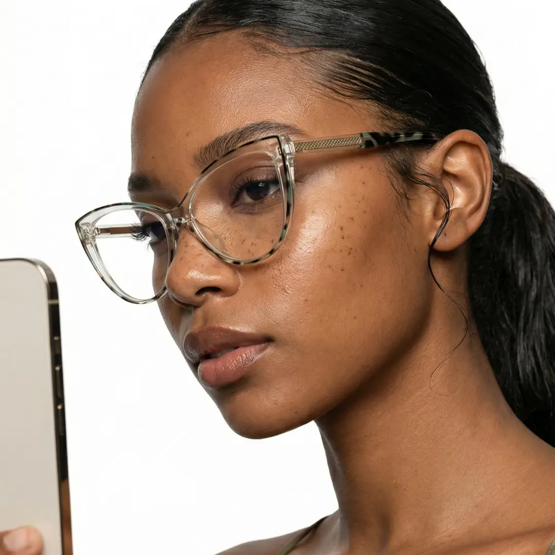 Profile view of female wearing blue tortoise cat eye eyeglasses, neutral expression, CR0242408
