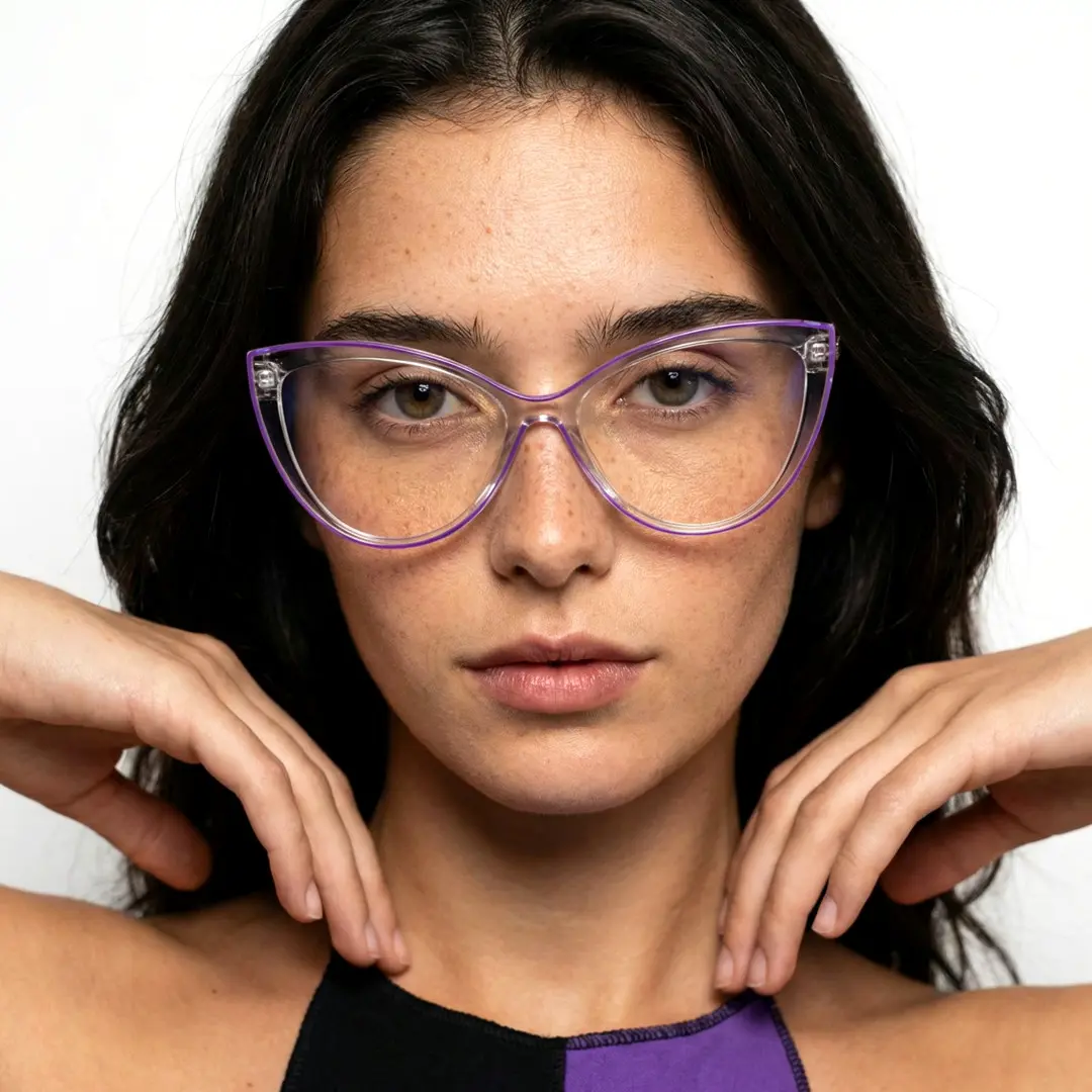 Front view of female wearing purple cat eye eyeglasses, neutral expression, CR0242408