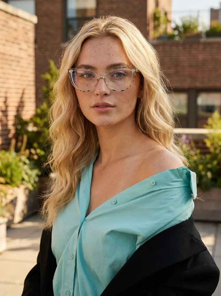 Female model wearing everyday glasses purple cat eye tr90 eyeglasses on a sunlit rooftop terrace. SPU: CR0242408