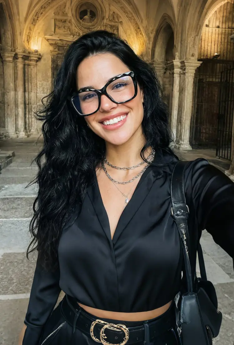 Female model wearing everyday black cat eye tr90 eyeglasses in a historic stone colonnade. SPU: CR0242502