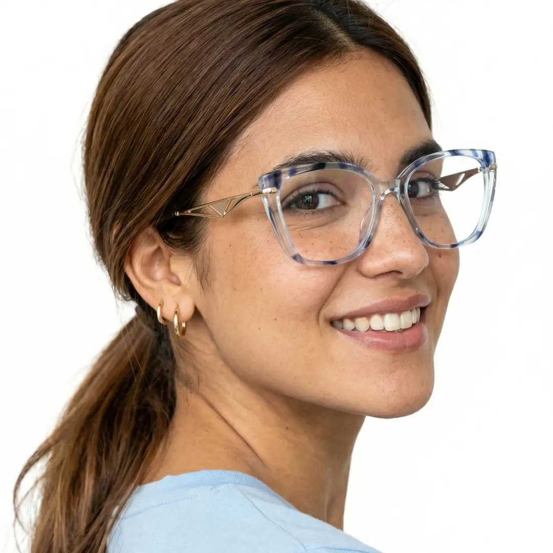 Over-the-shoulder view of female wearing blue cat eye eyeglasses, natural smile, CR0252408