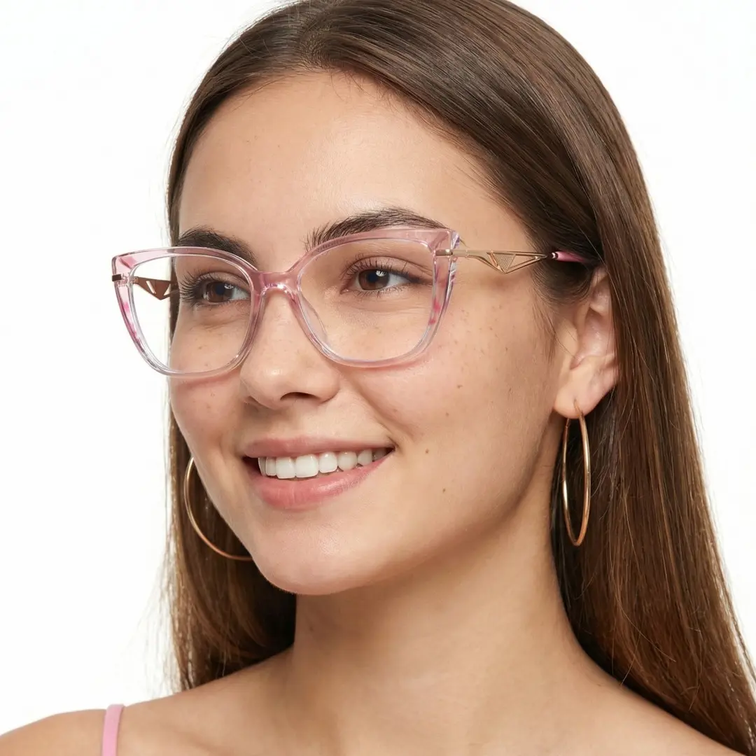 Three-quarter view of female wearing pink cat eye eyeglasses, smiling, CR0252408