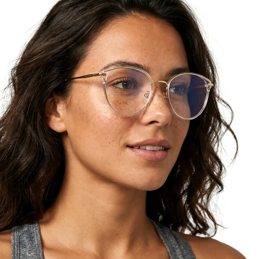 Profile view of female wearing clear cat eye eyeglasses, soft smile, CR0262502