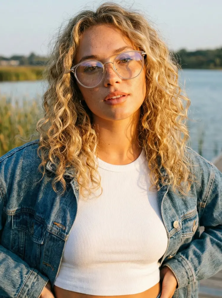 Female model wearing everyday clear cat eye tr90 eyeglasses by a calm lakeside. SPU: CR0262502