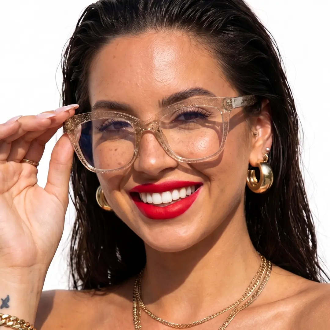Front view of female wearing gold cat eye eyeglasses, touching frame, smiling, CR0272302