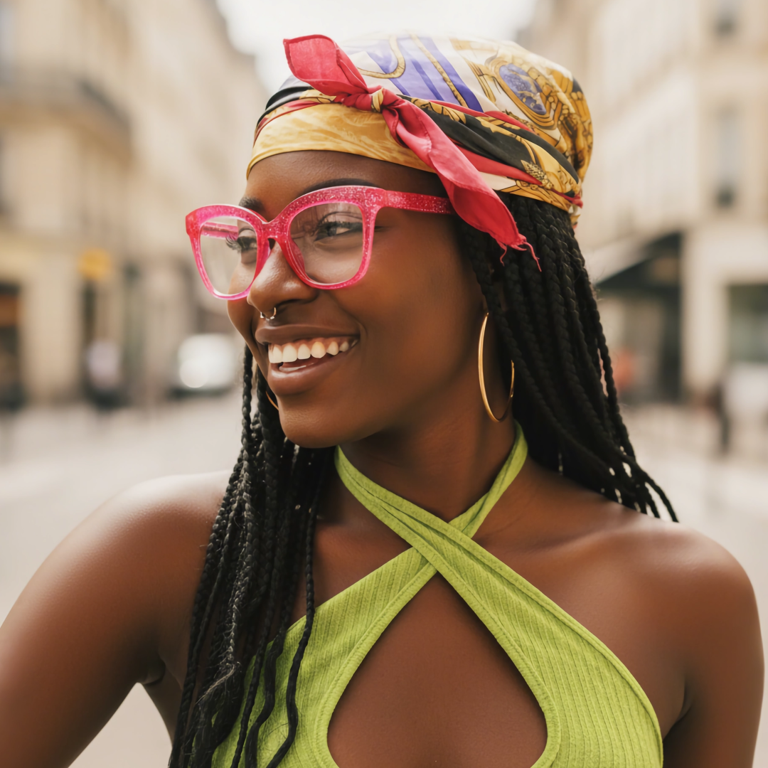 Three-quarter view of female wearing pink cat eye eyeglasses, wide smile, CR0272302
