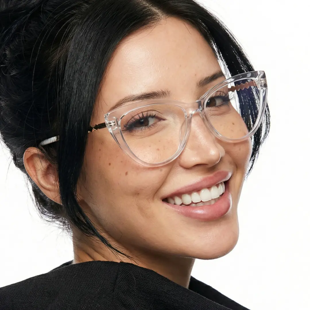 Over-the-shoulder view of female wearing clear cat eye eyeglasses, friendly smile, CR0282302