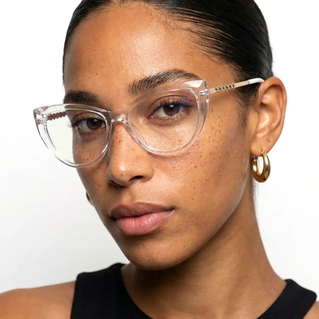 Three-quarter view of female wearing clear cat eye eyeglasses, neutral expression, CR0282302