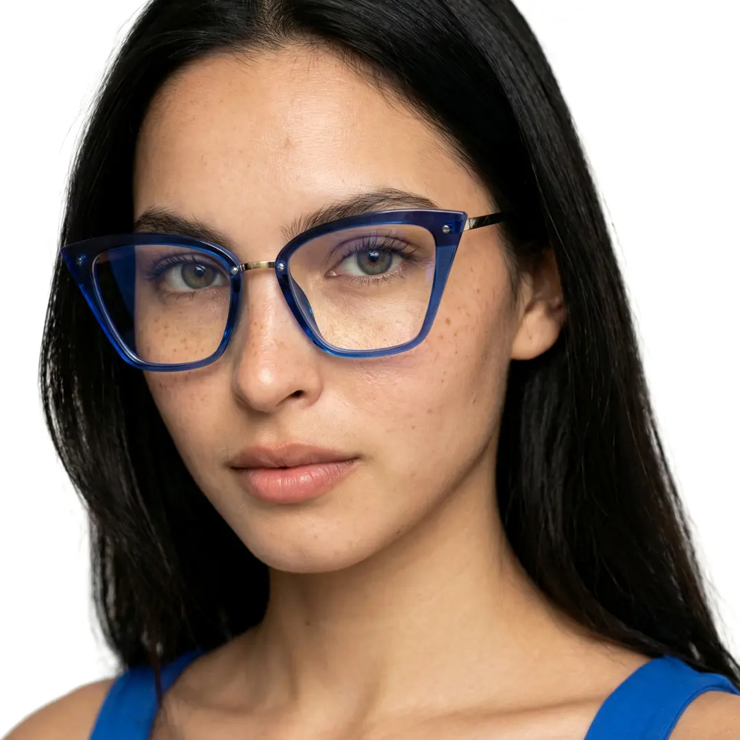 Profile view of female wearing blue cat eye eyeglasses, natural expression, CR0292302