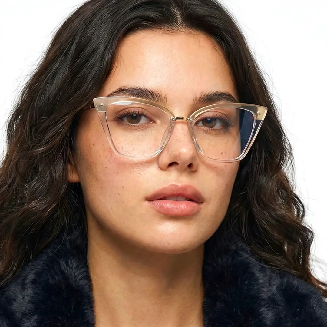 Slightly angled view of female wearing gold cat eye eyeglasses, confident expression, CR0292302
