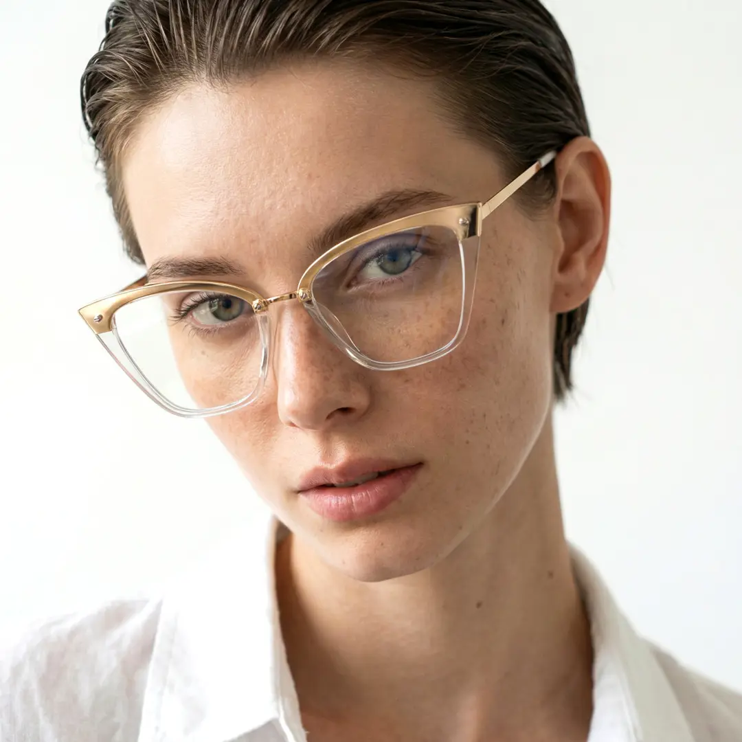Three-quarter view of female wearing gold cat eye eyeglasses, natural expression, CR0292302