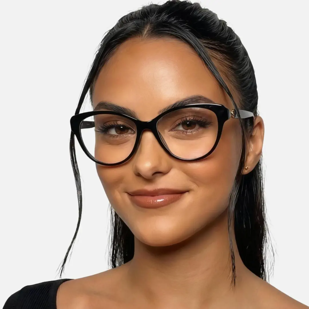 Front view of female wearing black cat eye eyeglasses, natural expression, CR0302509