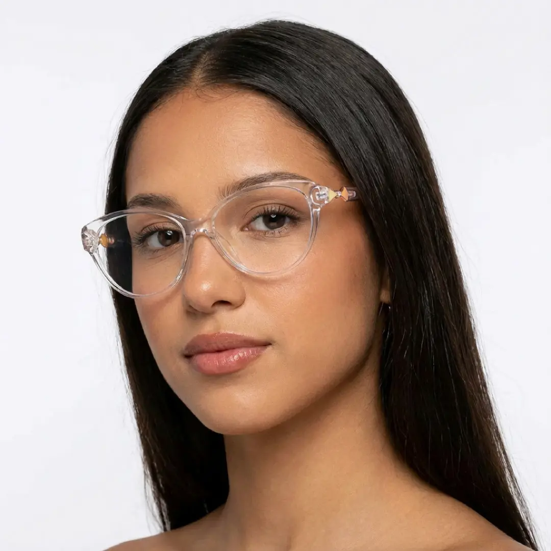 Three-quarter view of female wearing clear cat eye eyeglasses, relaxed expression, CR0302509