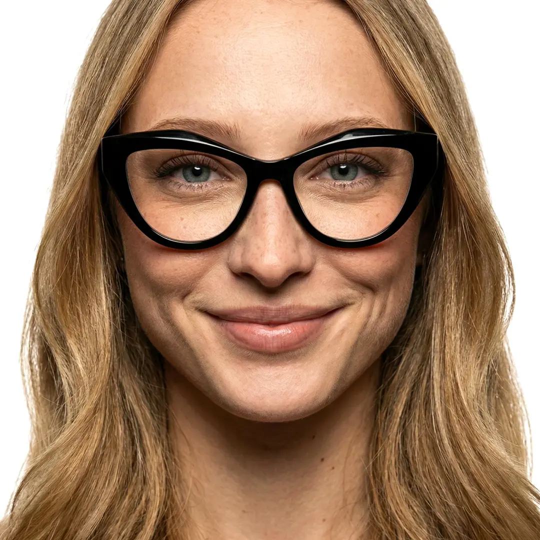 Front view of female wearing black cat eye eyeglasses, natural smile, CR0312405