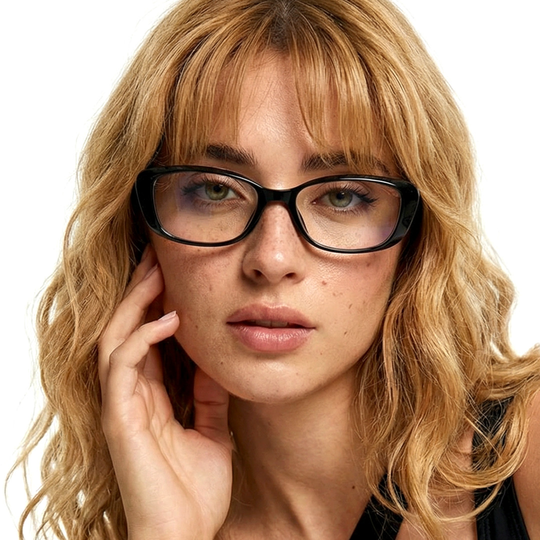 Front view of female wearing y2k black cat eye eyeglasses, hand near face, natural expression, CR0332601