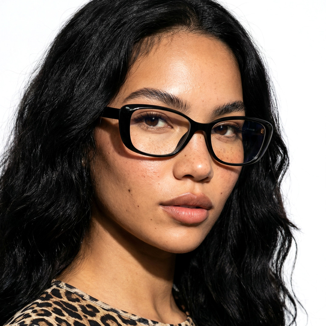 Profile view of female wearing y2k black cat eye eyeglasses, neutral expression, CR0332601