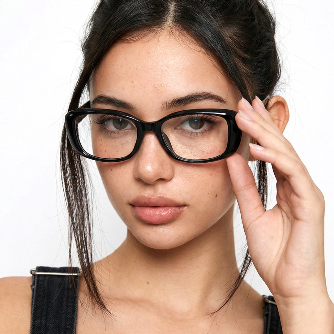 Front view of female wearing y2k black cat eye eyeglasses, touching frame, natural expression, CR0332601
