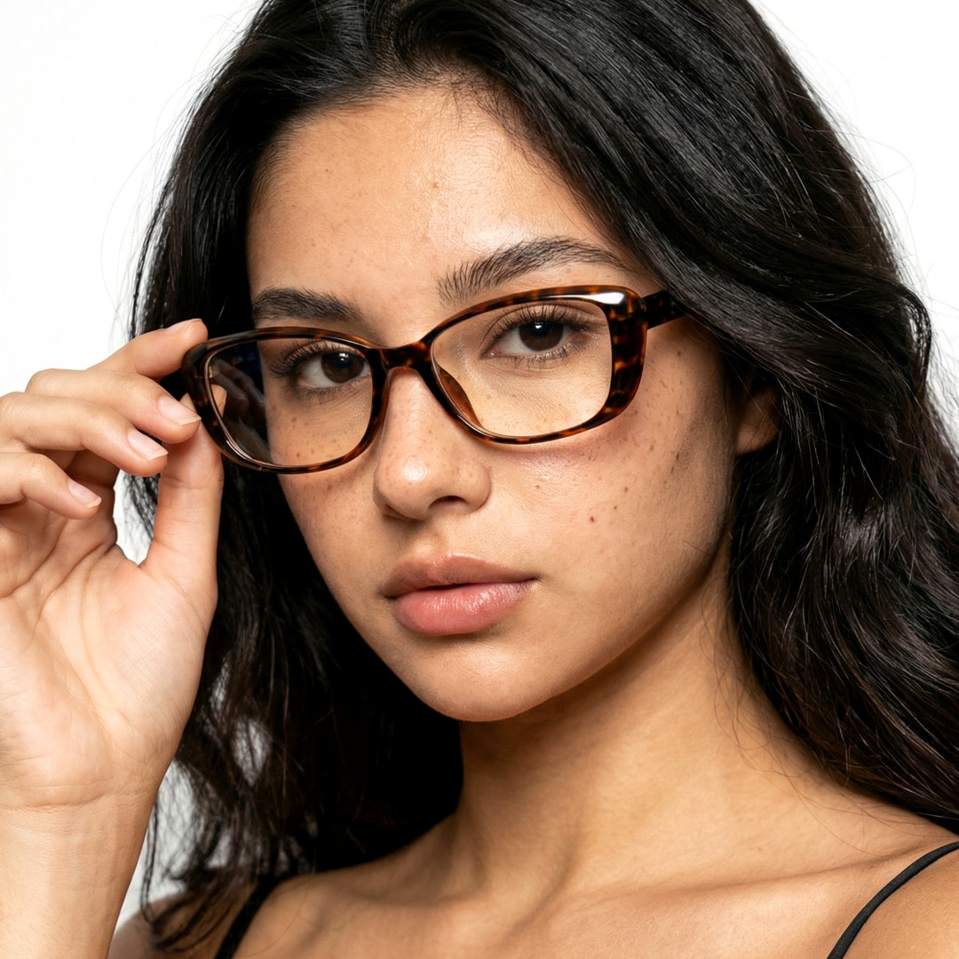 Front view of female wearing y2k tortoise cat eye eyeglasses, touching frame, natural expression, CR0332601