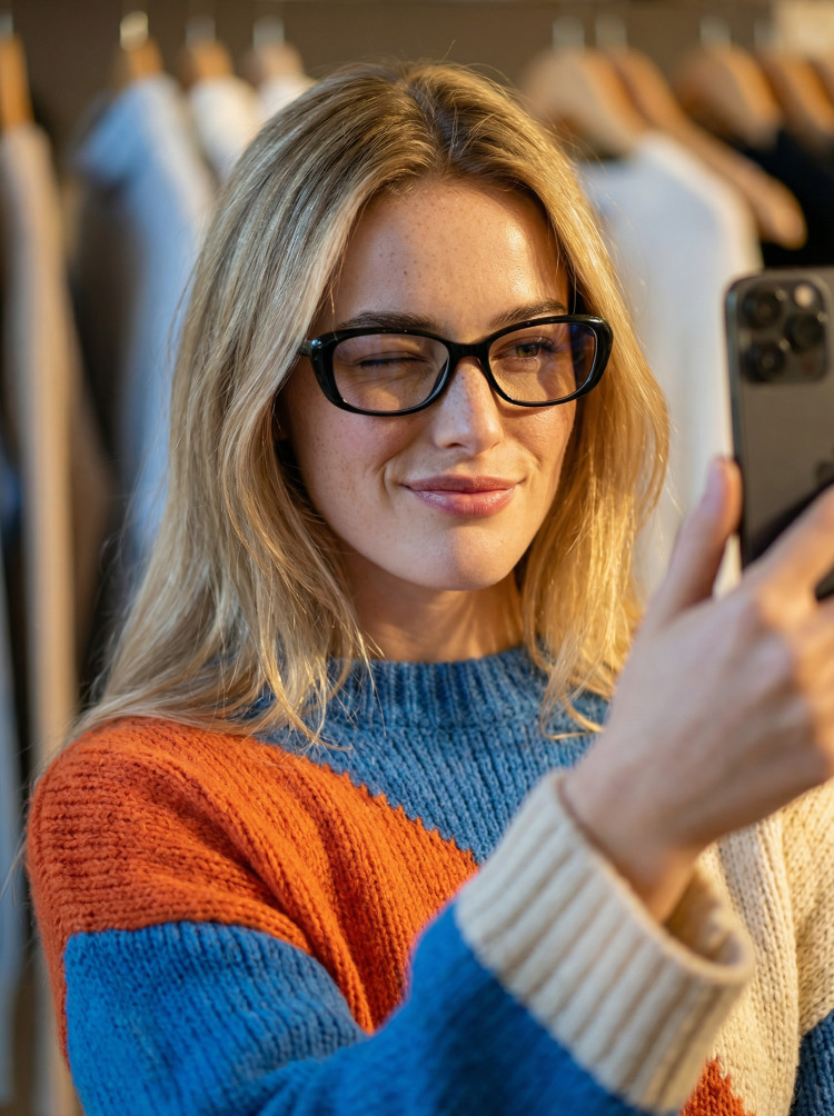 Female model wearing vintage black cat eye tr90 eyeglasses in a colorful color-block sweater taking a selfie in a clothing store. SPU: CR0332601