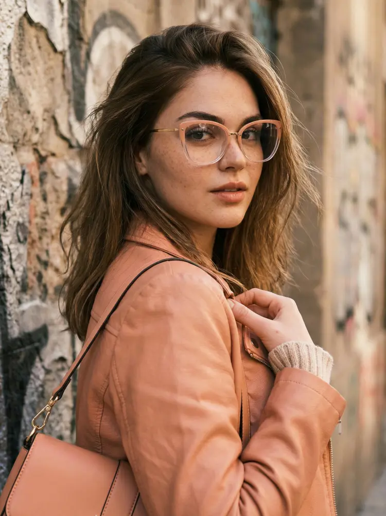 Female model wearing urban gold cat eye tr90 eyeglasses in front of a textured stone wall. SPU: CR0342302