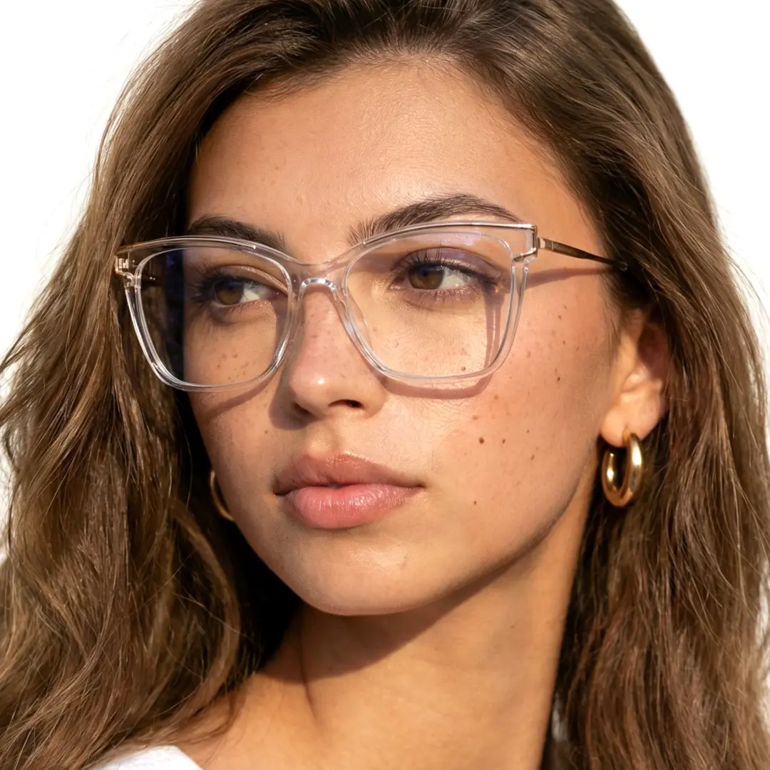 Three-quarter view of female wearing clear cat eye eyeglasses, calm expression, CR0352503