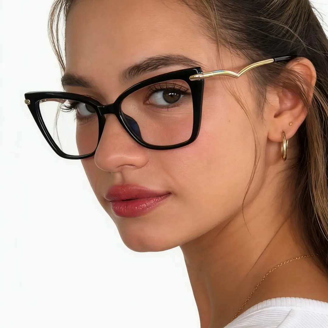 Three-quarter view of female wearing black cat eye eyeglasses, relaxed expression, CR0362302