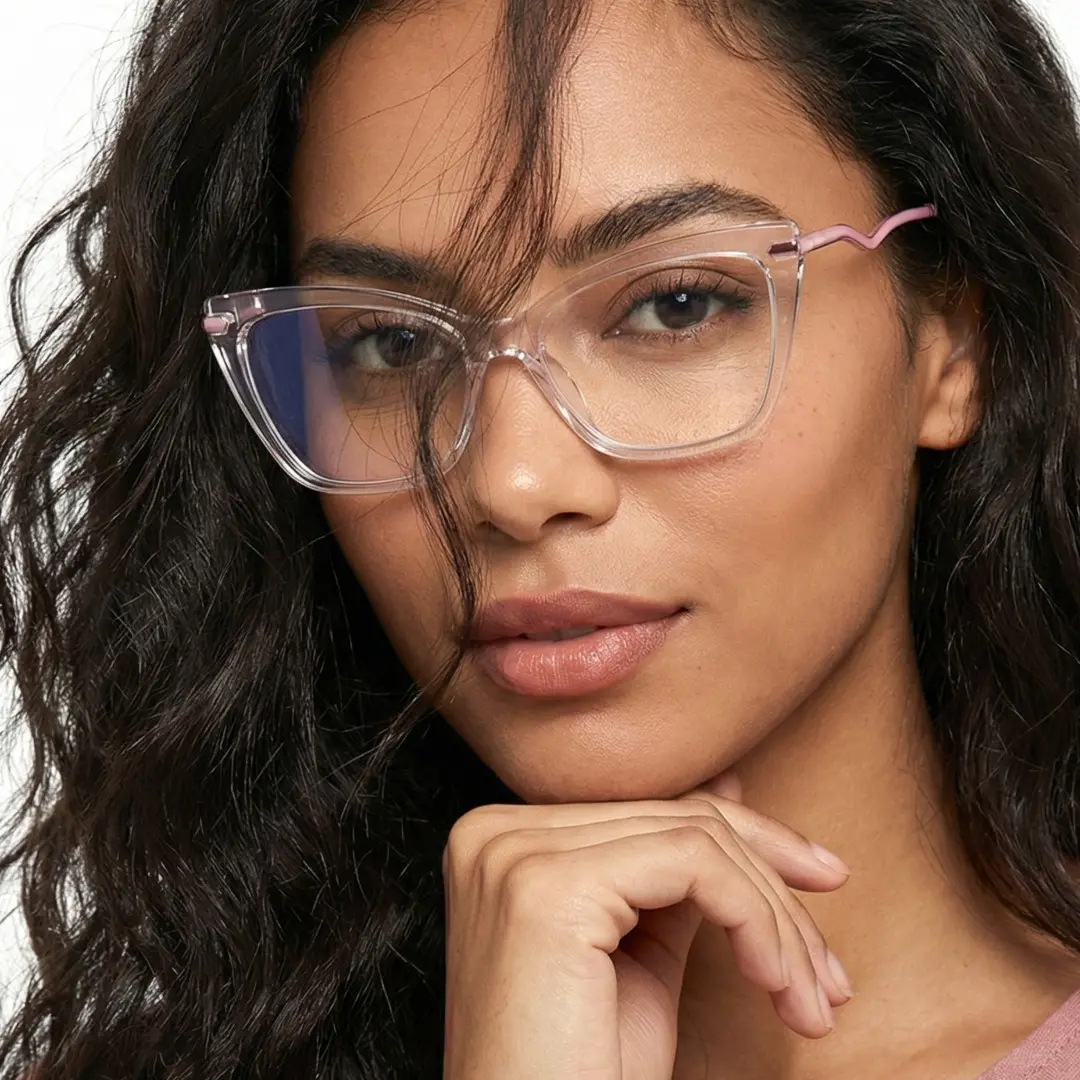 Front view of female wearing clear cat eye eyeglasses, relaxed expression, CR0362302
