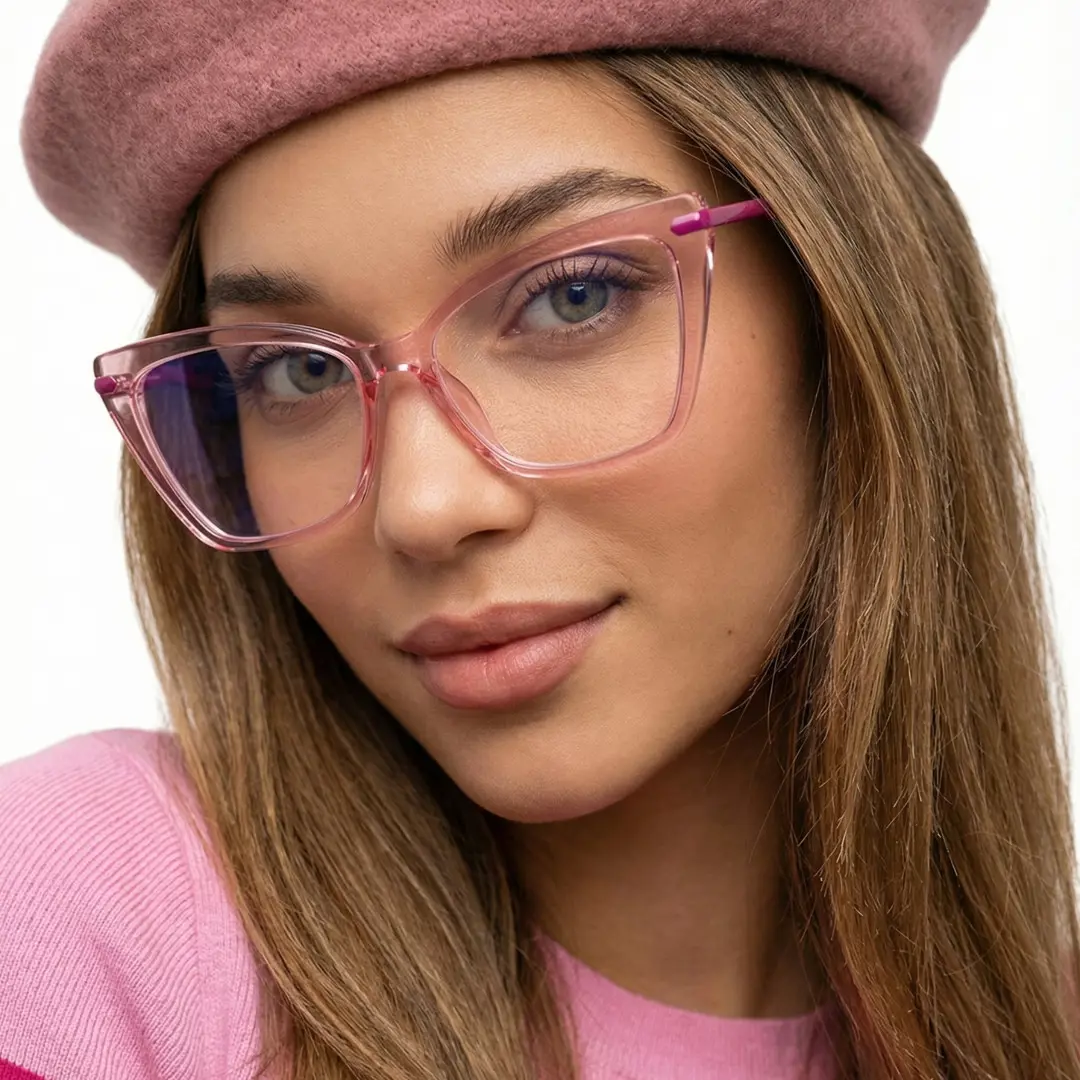 Front view of female wearing pink cat eye eyeglasses, natural smile, CR0362302