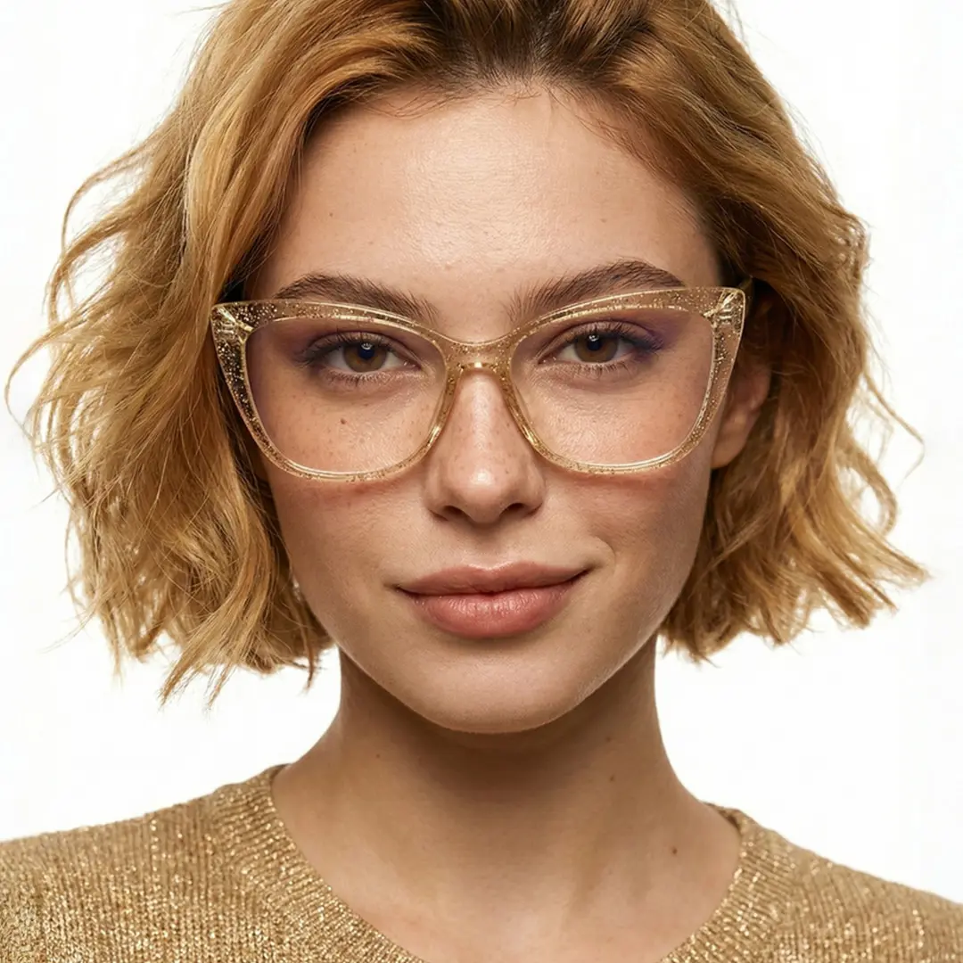 Front view of female wearing yellow cat eye eyeglasses, smiling, CR0372504
