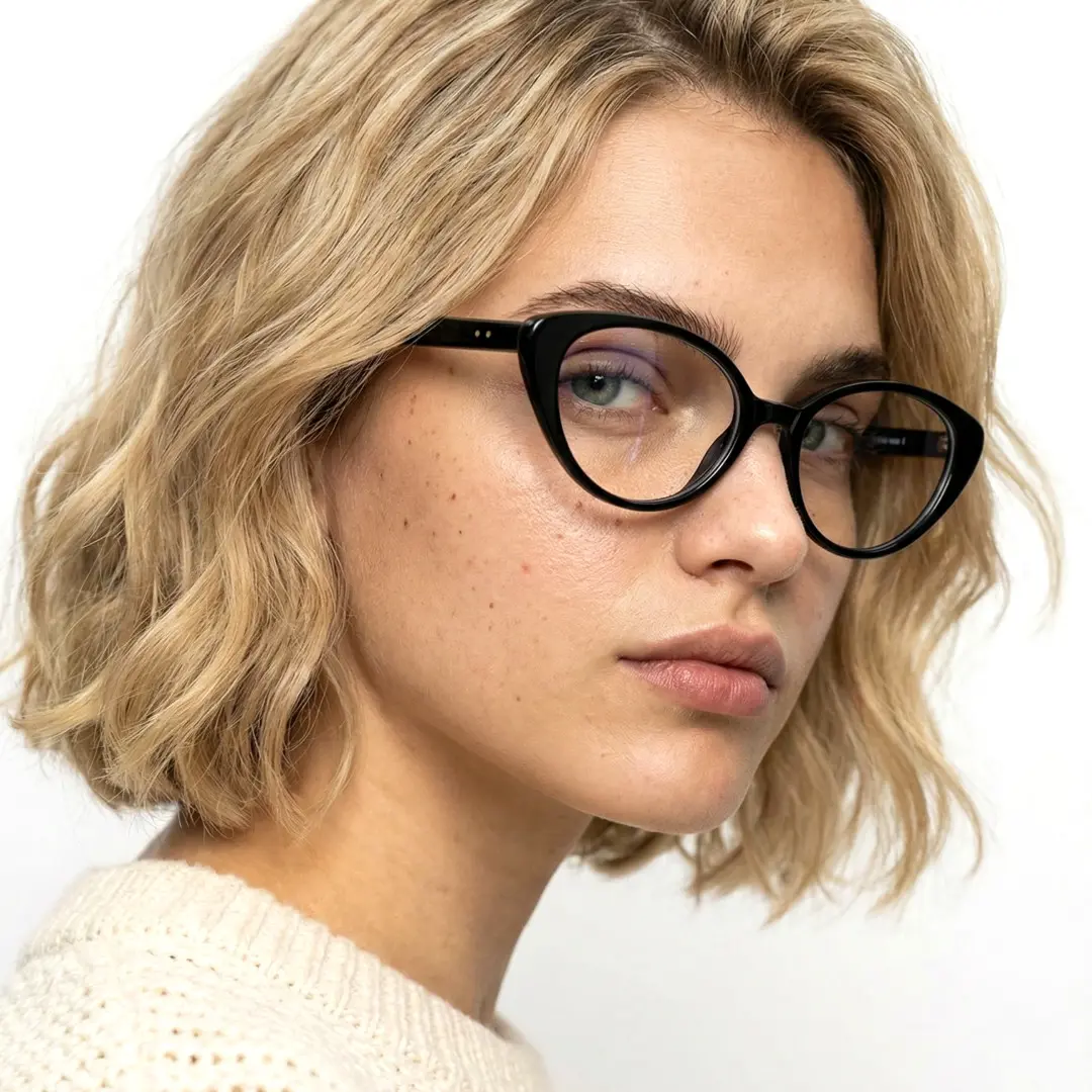 Three-quarter view of female wearing office siren black cat eye eyeglasses, neutral expression, CR0382601
