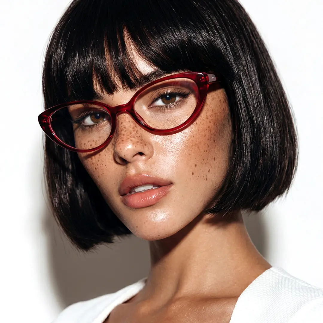Profile view of female wearing red cat eye eyeglasses, neutral expression, CR0382601