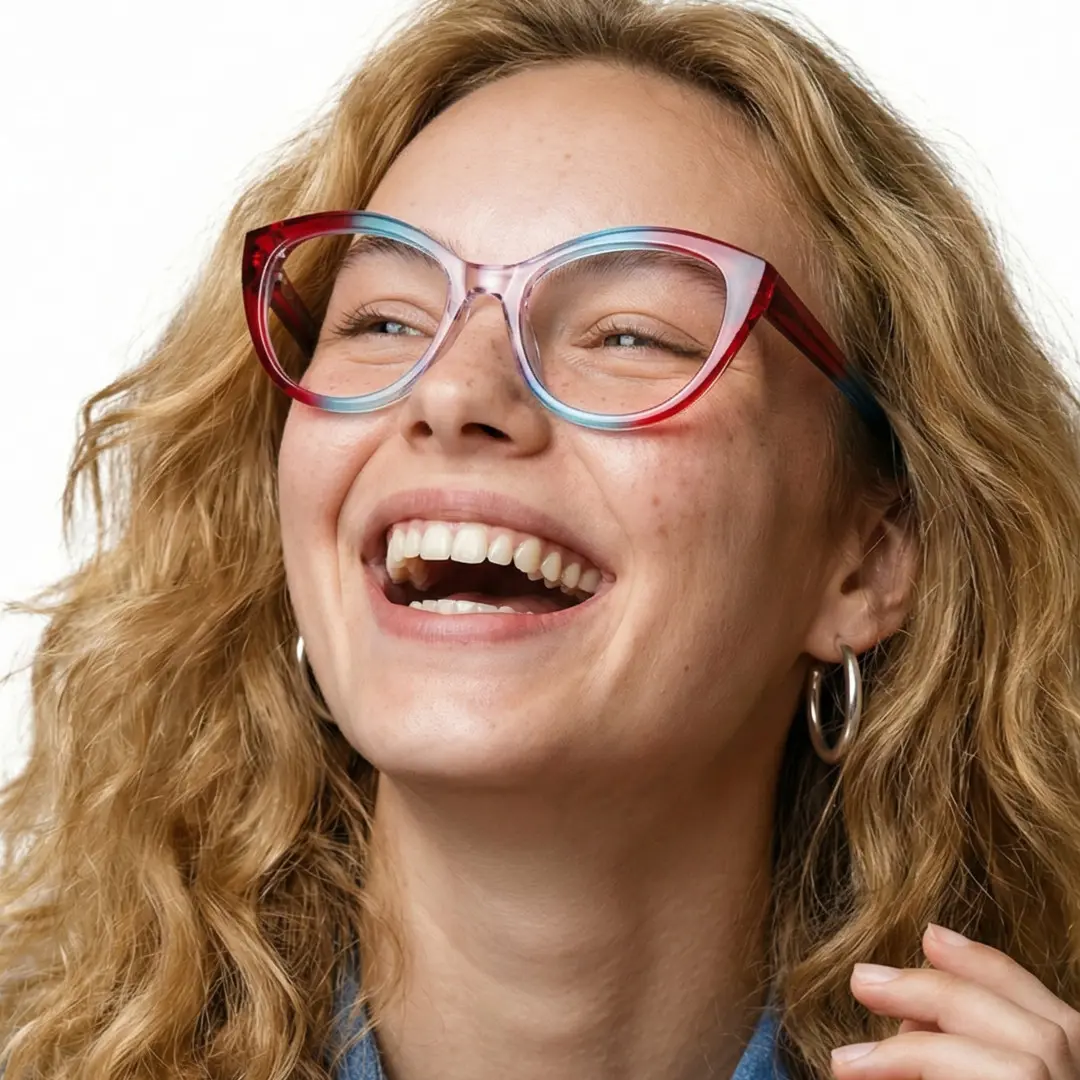 Profile view of female wearing red cat eye eyeglasses, wide smile, CR0422302