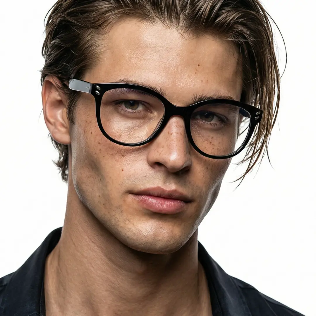 Looking straight ahead view of male wearing black cat eye eyeglasses, relaxed expression, CR0472504