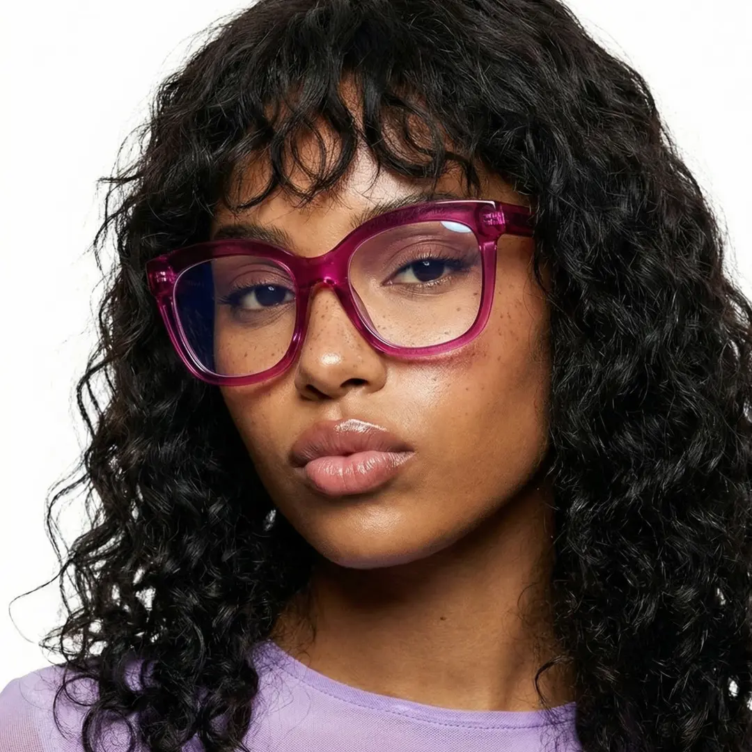 Front view of female wearing pink cat eye eyeglasses, Pouting, neutral expression, CR0532505