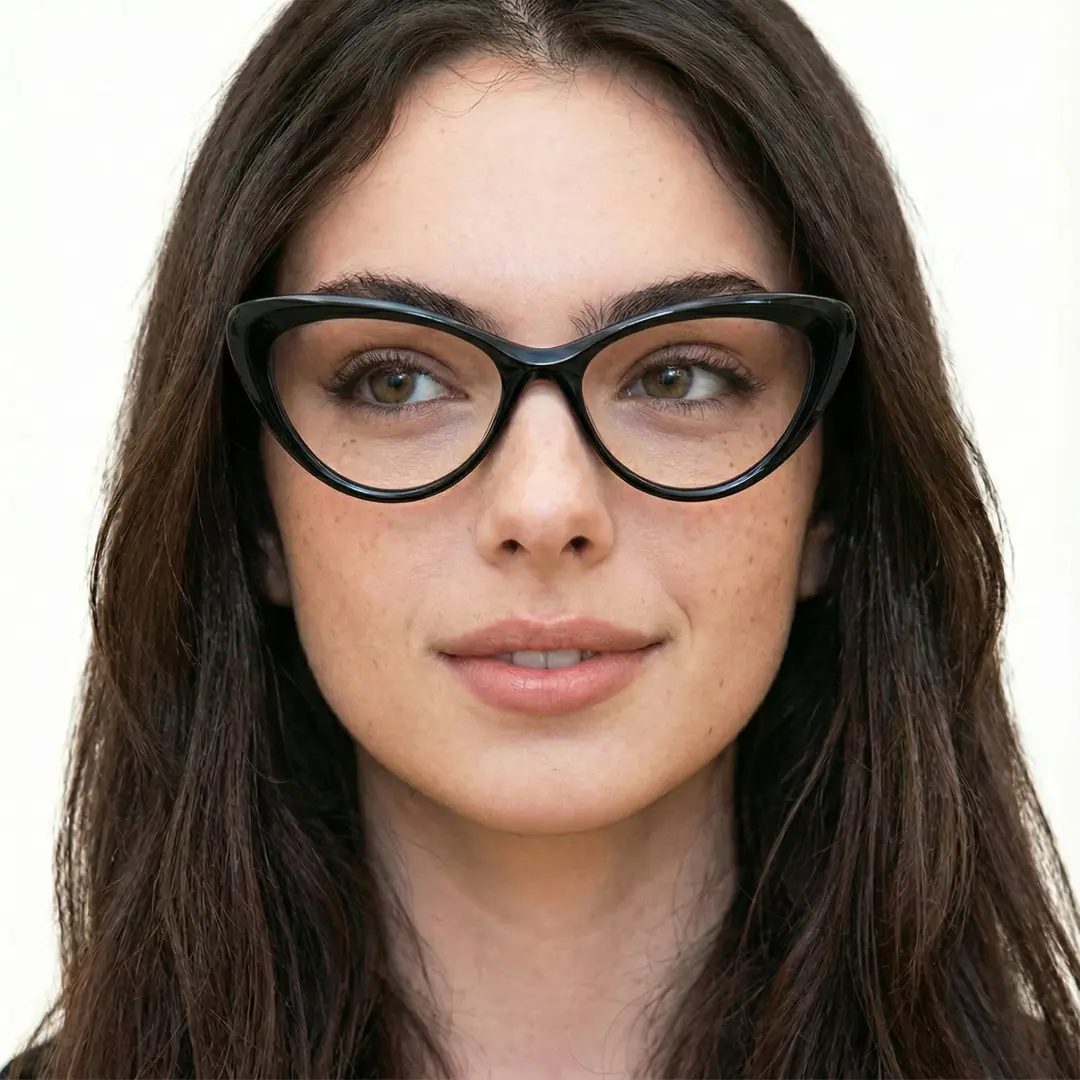 Looking away of female wearing black cat eye eyeglasses, soft smile, CR0902302